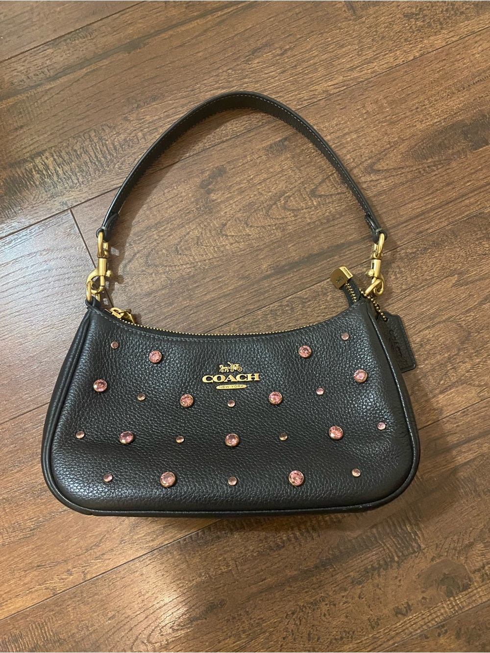 COACH Black Pebbled Leather Shoulder Bag with Pink Crystal Studs